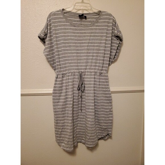 Rafaella Women's Gray White Striped T-shirt Dress Drawstring Waist Sz XL Summer - Picture 1 of 16